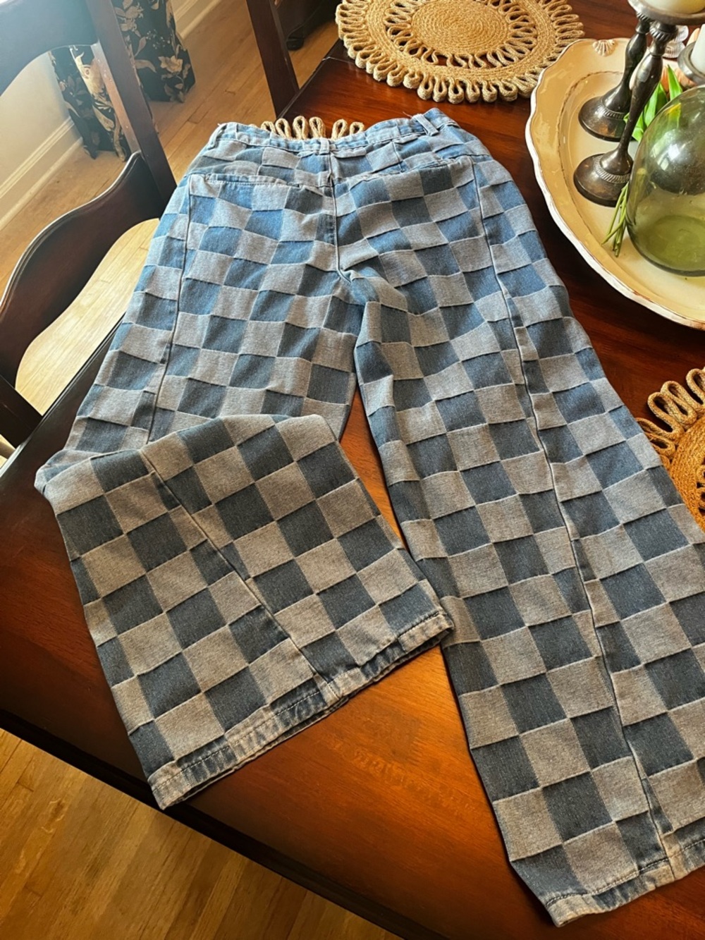 Checkerboard Wide Leg Jeans - Light & Dark Blue